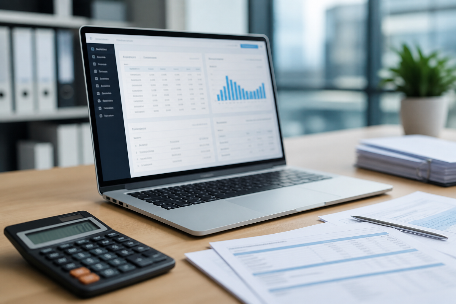 Payroll documents and laptop on a desk